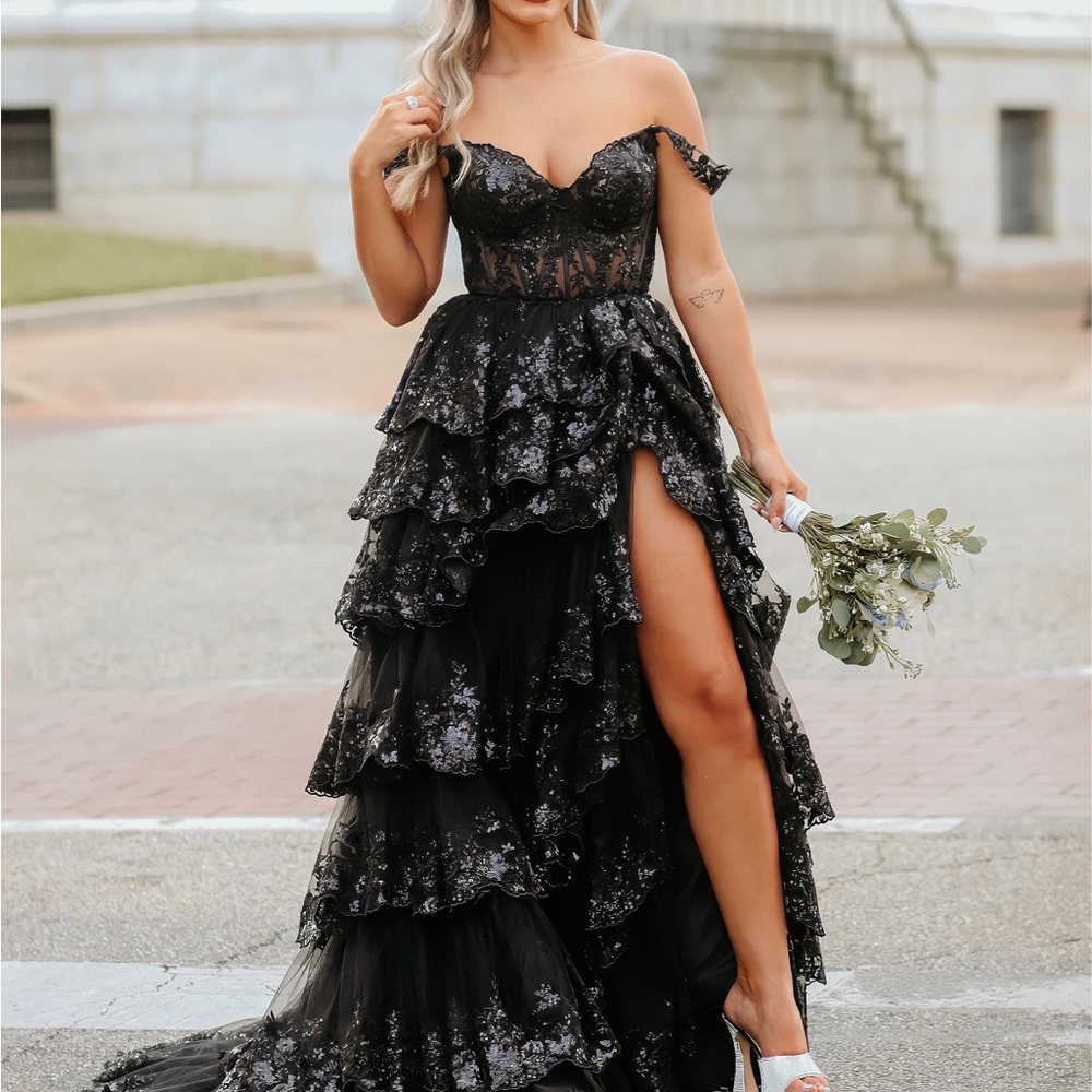Sherri Hill Black Floral High Low Dress